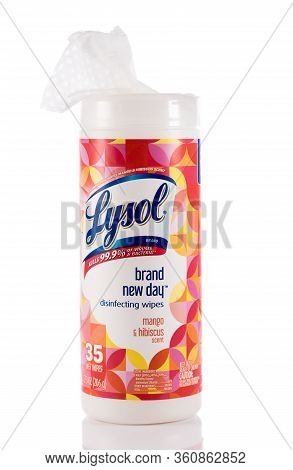 Morgantown, Wv - 12 April 2020: Canister Of Mango And Hibiscus Lysol Disinfecting Wipes On White Bac
