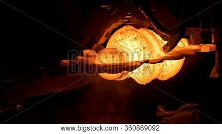Close Up Of Red Hot Steel Detail At The Steel Plant, Heavy Metallurgy Concept. Scene. The Process Of