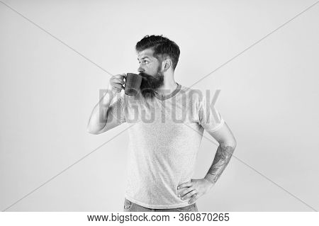 Hipster Tastes And Aesthetics. Energy Concept. Hipster Barista Yellow Background. Coffee Shop. Beard