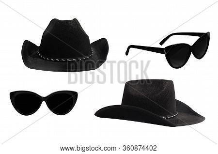 Fashionable Set Of Two Pairs Of Black Sunglasses And Hats. Objects Isolated On White Background.