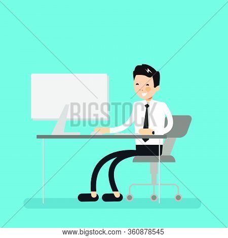 Cool Business Man Working On Desktop Computer. Businessman Character Sitting Behind The Office Desk.