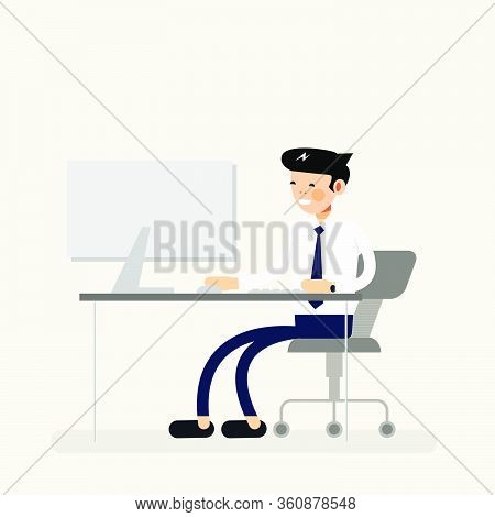 Cool Business Man Working On Desktop Computer. Businessman Character Sitting Behind The Office Desk.