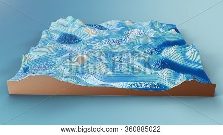 Cross Section Topographic 3d Map With Water. Contour Lines On A Topographic Map. Studying The Geogra