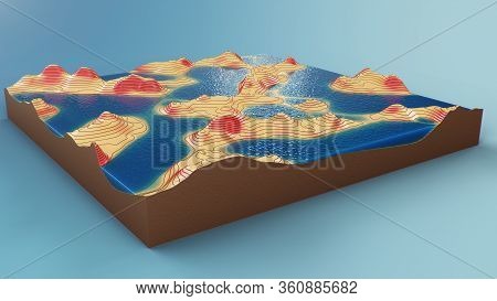Cross Section Topographic 3d Map With Water. Contour Lines On A Topographic Map. Studying The Geogra