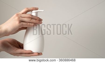 Hand Disinfection With Gel And Alcohol. The Spray Is Used To Clean Hands And Destroy Germs, Bacteria