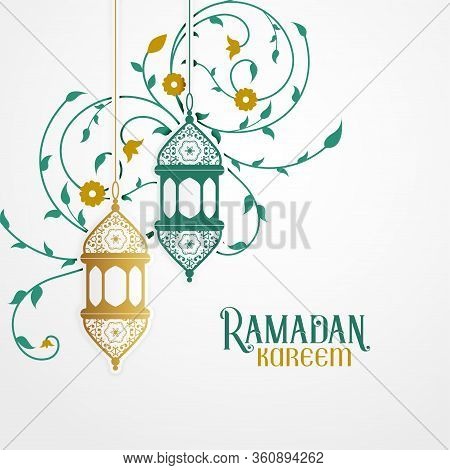 Ramdan Kareem Design With Decorative Lantern And Islamic Floral Pattern