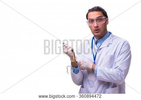Young male zoologist with snake isolated on white