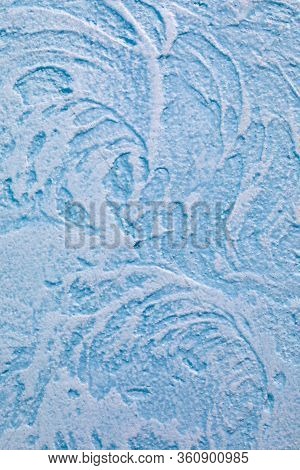 Texture Of Light Blue Plastered Wall With Glaze Finish. Luxury Background With Imitation Of Sea Wave