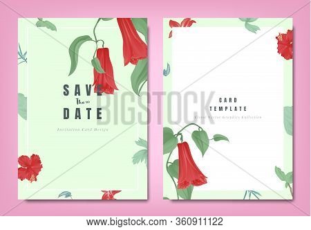 Botanical Wedding Invitation Card Template Design, Red Lapageria Rosea Flowers And Leaves On Green B
