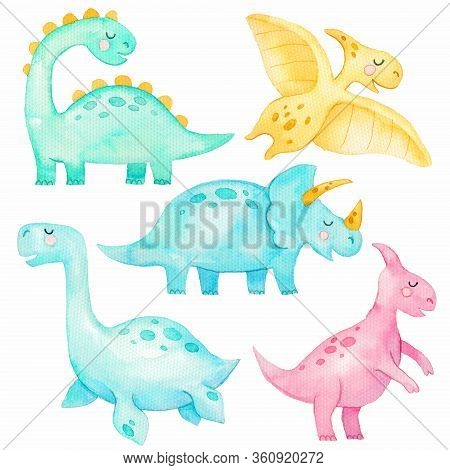 Set Of Different Watercolor Cute Dinosaurs Isolated On White Background. Little Dinosaurs Prehistori