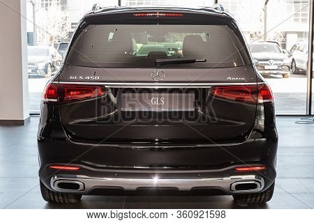 Novosibirsk/ Russia - April 06, 2020: Black Mercedes-benz Gls-class  450 , Mid-range Luxury Suv, Bac
