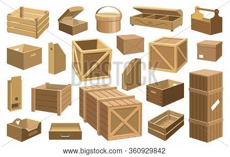 Wooden Box Isolated Cartoon Set Icon. Cartoon Set Icon Wood Container . Vector Illustration Wooden B