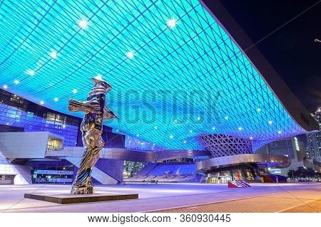 Busan, South Korea - 1 April, 2019:night Shot Of Busan Cinema Center Is The Official Venue Of The Bu