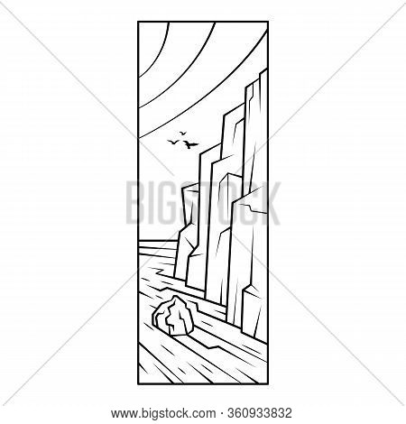 Sea Shore, High Cliffs. Birds Hovering In The Sky.flat Minimal Linework Hand Drawing Icon Illustrati