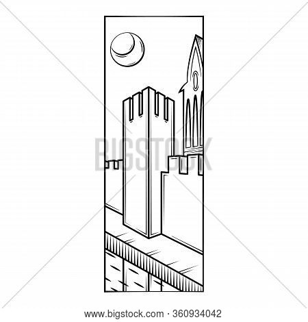 Fortress Wall Tower, Protective Moat, Reflection In The Water. Moonlight Night.flat Minimal Linework