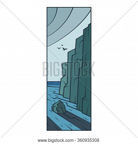Sea Shore, High Cliffs. Birds Hovering In The Sky.flat Minimal Linework Hand Drawing Icon Illustrati