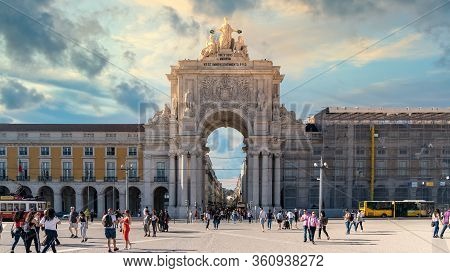 Lisbon, Portugal - November 2019: The Triumphal Rua Augusta Arch, Arco Triunfal Da Rua Augusta At Li