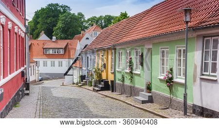 Panorama Of A Street With Little Colorful Houses In Haderslev, Denmark