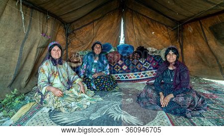 Shiraz, Iran - May 2019: Qashqai Nomadic Women Inside A Tent. The Qasqhai Are Nomadic People Living 