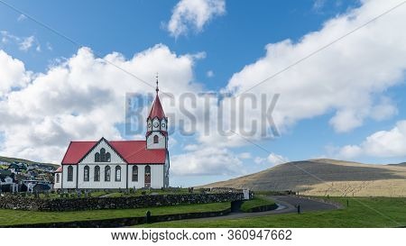 Sandavagur, Faroe Islands - August 2019: The Church In Sandavagur On Vagar, Faroe Islands