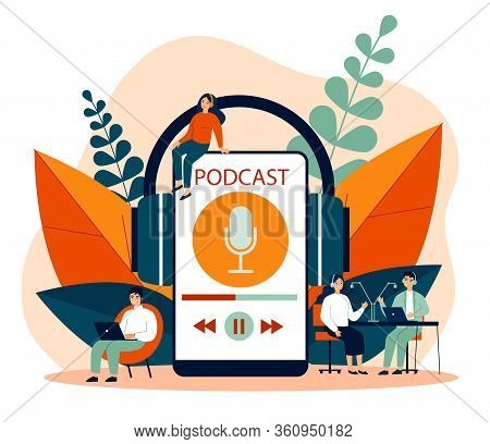 People Listening Speakers From Broadcasting Station Flat Vector Illustration. Man And Woman Listenin