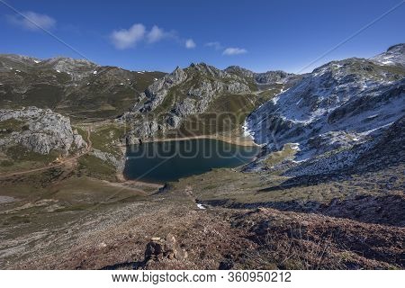 Saliencia Lakes In The Somiedo Nature Park, Asturias, Spain. Top View Of The Lago De La Cueva At The