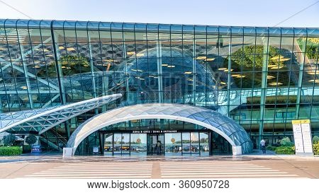 Baku, Azerbaijan - July 2019: Baku Heydar Aliyev Airport Main Entrance Door, Azerbaijan