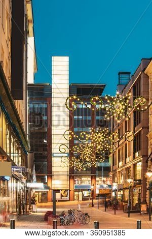 Helsinki, Finland. New Year Lights Xmas Christmas Decorations And Festive Illumination In Kluuvikatu