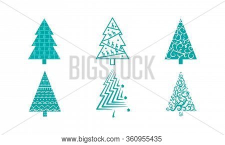 Christmas And New Year Blue Evergreen Trees With Festive Holiday Patterns
