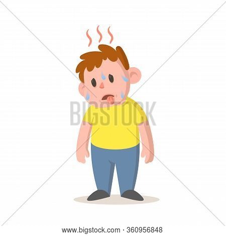 Sweating Boy Feeling Hot, High Temperature, Hot Weather. Cartoon Character Design. Flat Vector Illus
