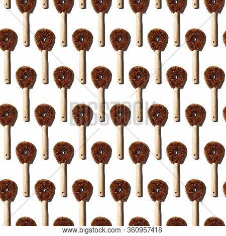 Lifestyle Zero Waste Concept. Seamless Pattern Of Coconut Brush With Bamboo Handle On A White Backgr