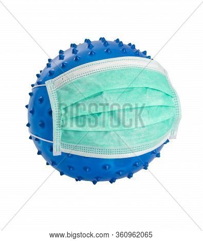 Picture Of A Symbolic Blue Virus Wearing A Face Mask In White Back