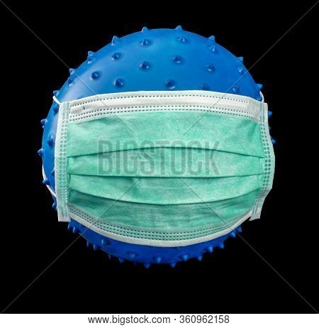 Picture Of A Symbolic Blue Virus Wearing A Face Mask In Black Back