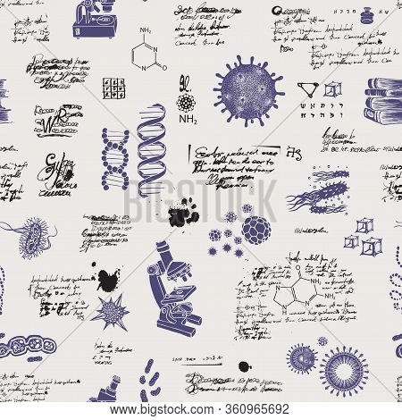 Vector Seamless Pattern On The Theme Of Chemistry, Microbiology, Medicine, Genetics, Laboratory Rese