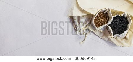 Eco Sack With Flax Seeds And Black Cumin Inside Of Shopping Bag
