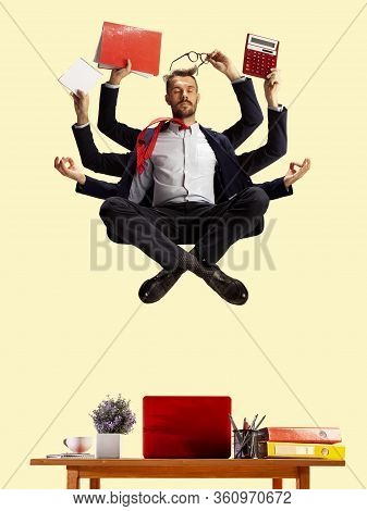 Young Caucasian Businessman, Manager Who Manages Everything, A Lot Of Things. Deadline, Time Managem