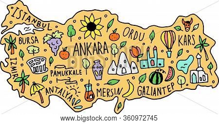 Colored Hand Drawn Doodle Turkey Map. Turkish City Names Lettering And Cartoon Landmarks, Tourist At
