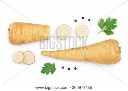 Parsnip Root And Slices With Parsley Peppercorns Isolated On White Background Closeup. Top View. Fla