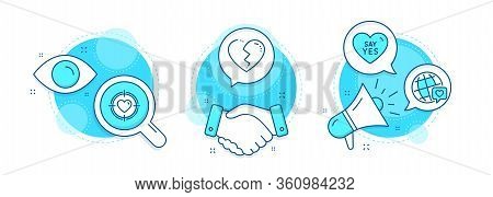 Broken Heart, Say Yes And World Brand Line Icons Set. Handshake Deal, Research And Promotion Complex