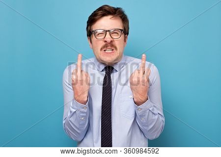 Fuck Sign. Anger Man Showing Fuck At Camera.