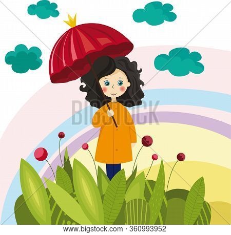 Colorful Illustration With A Girl With Umbrella For Your Design