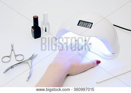 Girl Doing Manicure, Nails Gel Polish, White Background