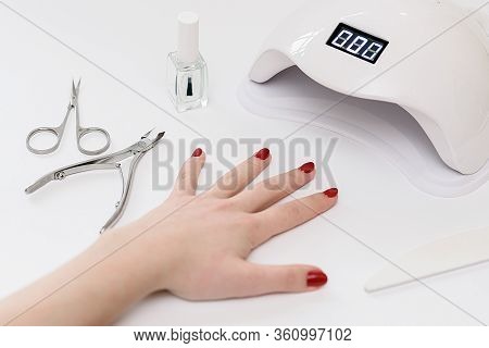 Girl Doing Manicure, Nails Gel Polish, White Background