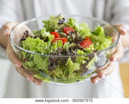 Eat Healthy Food. Fresh Salad Bowl In Woman Hand, Healthy Lifestyle Concept