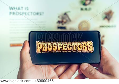 Russia Moscow 25.12.2021 Logo Of Prospectors. Blockchain Nft Ethereum Cryptocurrency Strategy Game. 
