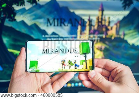 Russia Moscow 25.12.2021 Logo Of Mirandus. Blockchain Nft Ethereum Cryptocurrency Strategy Game. Man