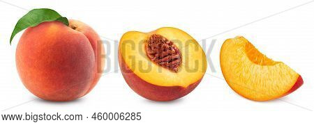 Peaches Isolated. Set Of Peach, Peach Halves And Peach Wedges.