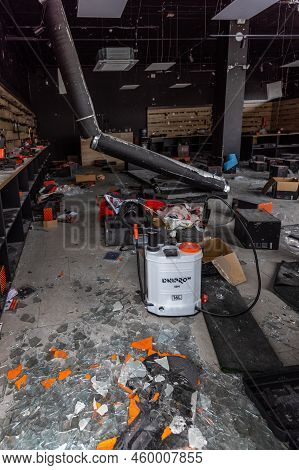 Hostomel, Kyev Region Ukraine - 09.04.2022: Outside The Store, Which Was Bombed, Was Looted By Russi