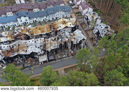 Hostomel, Kyev Region Ukraine - 09.04.2022: Top View Of The Destroyed And Burnt Houses. Houses Were