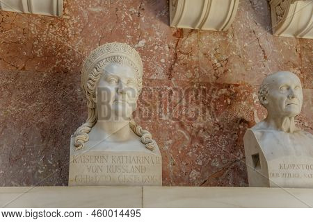 Donaustauf, Bavaria, Germany, 2 July 2022: Walhalla Memorial With Colonnade Above Danube River, Main